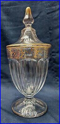 Heisey Recessed Panel Lidded Candy Jar Blue Band Gold Overlay Vintage
