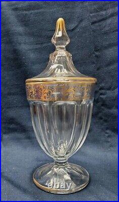 Heisey Recessed Panel Lidded Candy Jar Blue Band Gold Overlay Vintage