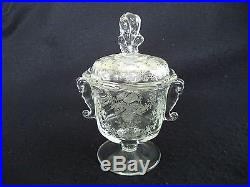 Heisey crystal cov candy jar bowl w lid Orchid etching seahorse handles Waverly