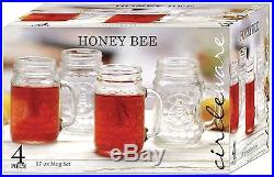 Honey Bee Glass Yorkshire Mason Jar Mugs with Glass Handles 17 Ounce Set of 4