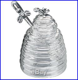 Honey Bee Pot Jar Storage Beehive Comb Design Handmade Glass Dipper Lid Handle