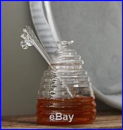 Honey Bee Pot Jar Storage Beehive Comb Design Handmade Glass Dipper Lid Handle