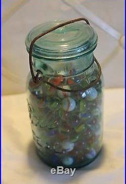 Ideal Blue Mason Jar Glass Lid Wire Handle 1908 #6 Quart with Vintage Marbles