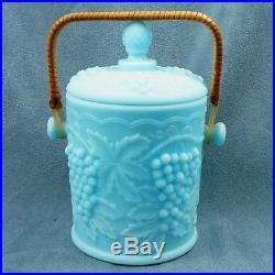Imperial Blue Milk Glass Biscuit Jar Grapes Raffia Handle