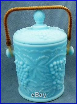 Imperial Blue Milk Glass Biscuit Jar Grapes Raffia Handle