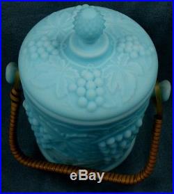 Imperial Blue Milk Glass Biscuit Jar Grapes Raffia Handle