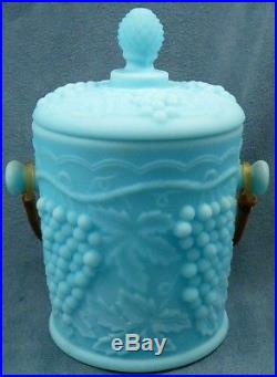 Imperial Blue Milk Glass Biscuit Jar Grapes Raffia Handle