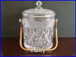 Imperial Glass Cape Cod Pattern Cookie Jar with Lid & Wicker / Bamboo Handle