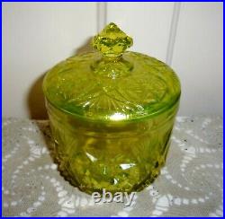 Imperial Vaseline Uranium Glass Hobstar and Fan 6 Inch Covered Candy Jar