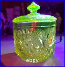 Imperial Vaseline Uranium Glass Hobstar and Fan 6 Inch Covered Candy Jar