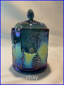 Indiana Blue Carnival Glass Harvest Grape Pattern Candy Jar Mid 20th Century