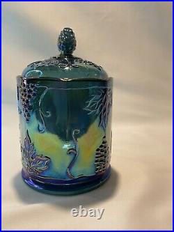 Indiana Blue Carnival Glass Harvest Grape Pattern Candy Jar Mid 20th Century