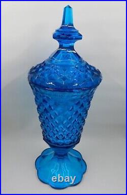 Indiana Glass Blue Diamond Point Pedestal Apothecary Jar Candy Dish With Lid