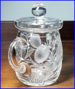 Intaglio Engraved Strawberry Pattern Two Handled Covered Jar Ca. 1920s