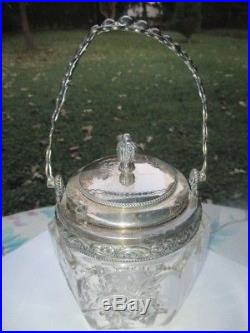 Intaglio Rose Glass Honey Pot Jam Jar Fancy Open Lace Silver Plate Handle & LID