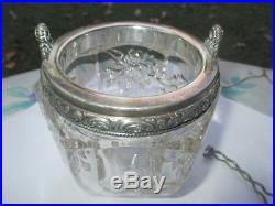 Intaglio Rose Glass Honey Pot Jam Jar Fancy Open Lace Silver Plate Handle & LID