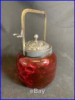 Inverted Cranberry Coin Dot Glass Handled Biscuit Jar With Lid