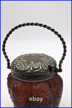 Iridescent Amber ART Glass Cookie / Honey Jar withSilver Plated Handle & Cover