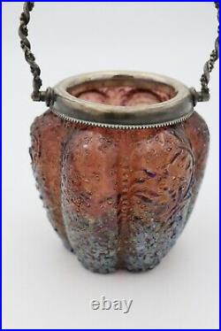 Iridescent Amber ART Glass Cookie / Honey Jar withSilver Plated Handle & Cover