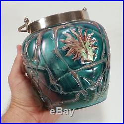 Iridescent Bohemian Art Nouveau Glass Handled Jar Abstract Flower Patterns Veins