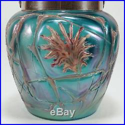 Iridescent Bohemian Art Nouveau Glass Handled Jar Abstract Flower Patterns Veins