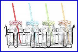 Jar Drinking Glass Set Of 4 Clear 16oz Handles Home Kitchen Dining Caddy Holder