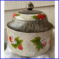 Jaye S. Pottery 1979 Vintage Strawberry Leaves & Mushroom Large Jar with Lid