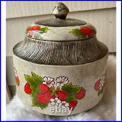 Jaye S. Pottery 1979 Vintage Strawberry Leaves & Mushroom Large Jar with Lid