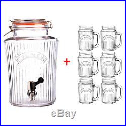 Kilner 5L Vintage Water/Drink Dispenser with 6 Handled 400ml Mason Jar Glasses