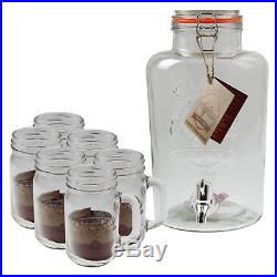 Kilner 8 Litre Beverages Drinks Dispenser And 6pc Clear Glass Handled Jar Set