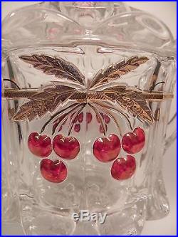 LARGE DOUBLE HANDLE VINTAGE ANTIQUE GLASS JAR VASE LID GOLD ACCENTS CHERRIES