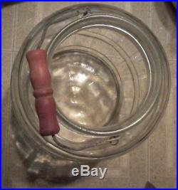 LARGE Glass Barrel Pickle Jar Red Wood Handle Embossed Bottom Morrell Pigs Feet