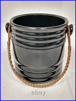 LE Smith # 1 BLACK Banded Ebony Depression Glass Wicker Handle COOKIE JAR w Lid