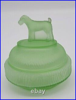 L. E. Smith STANDING TERRIER Frosted Green Satin 1930's Glass Powder Jar Antiqu