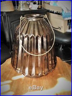 Large 11 Ribbed Smoked Glass Lantern / Candle Holder Jar + Metal Swing Handle
