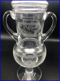 Large Art Cut Glass Apothecary Candy Jar Crystal Handles Hand Blown 13 inch