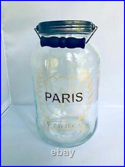 Large Clear Glass Jar Paris France With Lid & Handle