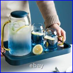 Large Glass Cold Water Kettle Heat Resistant Handle Scale Blue Teapot Jar Set