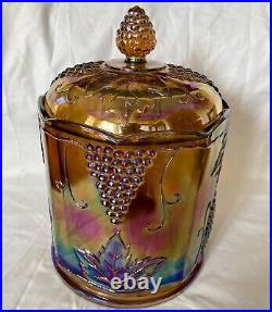 Large Iridescent 9 Indiana Carnival Glass Canister, Marigold/Harvest Grape