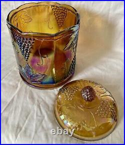Large Iridescent 9 Indiana Carnival Glass Canister, Marigold/Harvest Grape