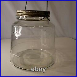Large Vintage Banded Bucket Glass Counter Jar with Wooden Handle Swing Wire Bail