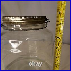 Large Vintage Banded Bucket Glass Counter Jar with Wooden Handle Swing Wire Bail