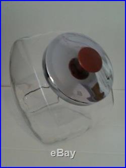Large Vintage Clear Glass Penny Candy Jar Tilt Canister Chrome Lid Brown Handle
