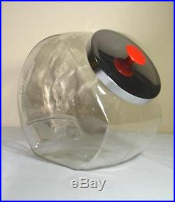 Large Vintage Clear Glass Penny Candy Jar Tilt Canister Chrome Lid Red Handle