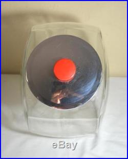 Large Vintage Clear Glass Penny Candy Jar Tilt Canister Chrome Lid Red Handle