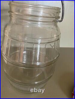 Large Vintage Glass Barrel-design Jar with bale handle and a JFG metal lid