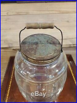 Large Vintage Glass Beer Keg Barrel Shape Pickle Jar Bail Wood Metal Handle Lid