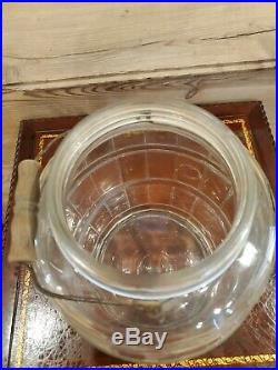 Large Vintage Glass Beer Keg Barrel Shape Pickle Jar Bail Wood Metal Handle Lid