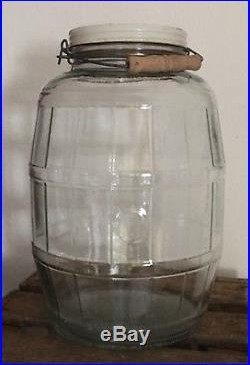 Large Vintage Owens Illinois Glass Barrel Style Pickle Jar with Lid and Handle