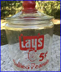Lay's Salted Peanuts Glass Counter Jar With Toms Red Embossed Handle Lid READ